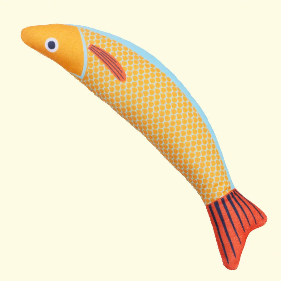 Green saury fish cat kicker toy with organic catnip filling measuring 24cm length