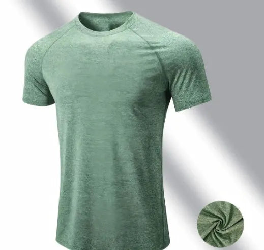 Man wearing a green quick-dry stretch polyester short sleeve t-shirt.