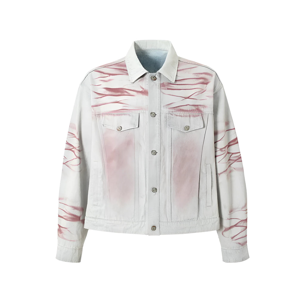 Men's blue inkjet tie-dyed cotton denim loose jacket with long sleeves and straight hem