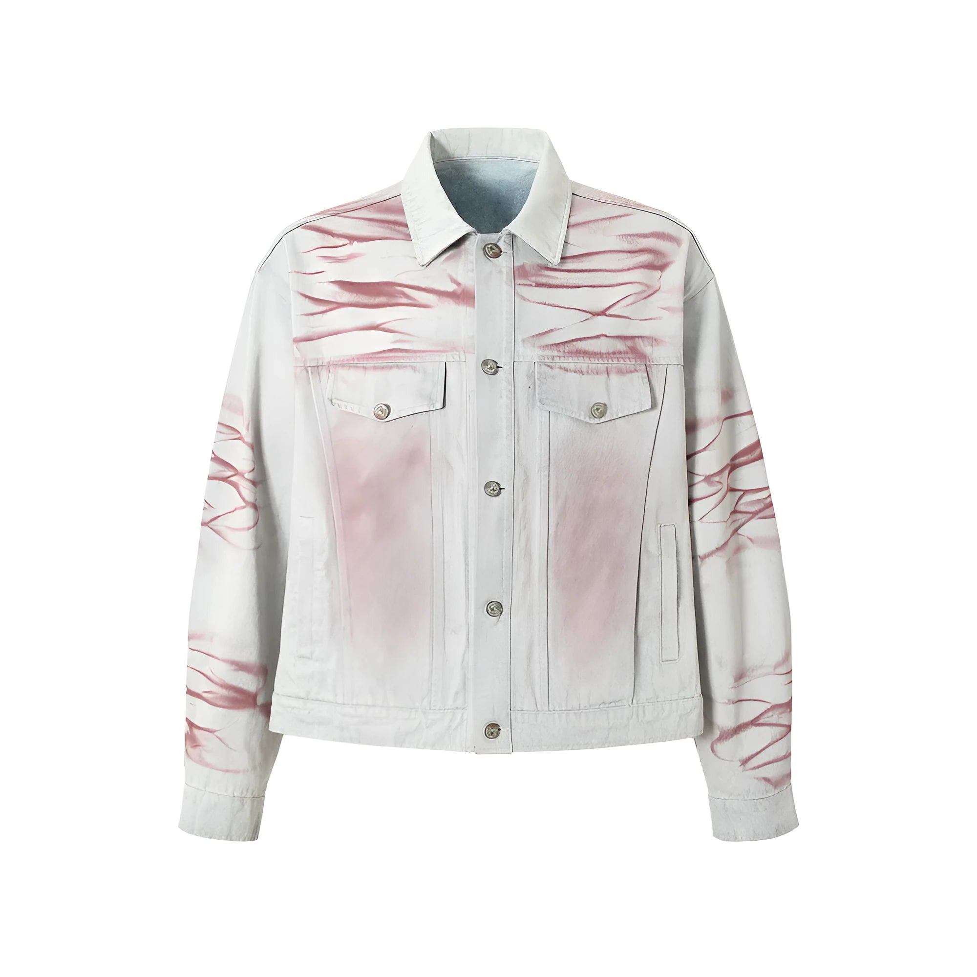 Men's blue inkjet tie-dyed cotton denim loose jacket with long sleeves and straight hem