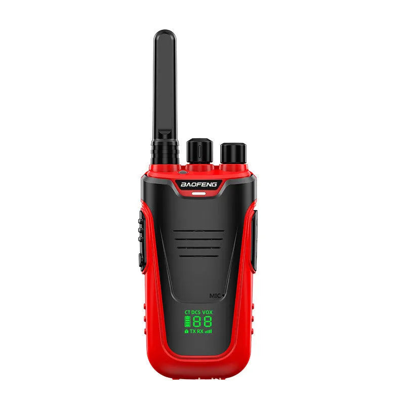 Red and yellow coloured high-power children's intercom walkie talkie with USB charging port.