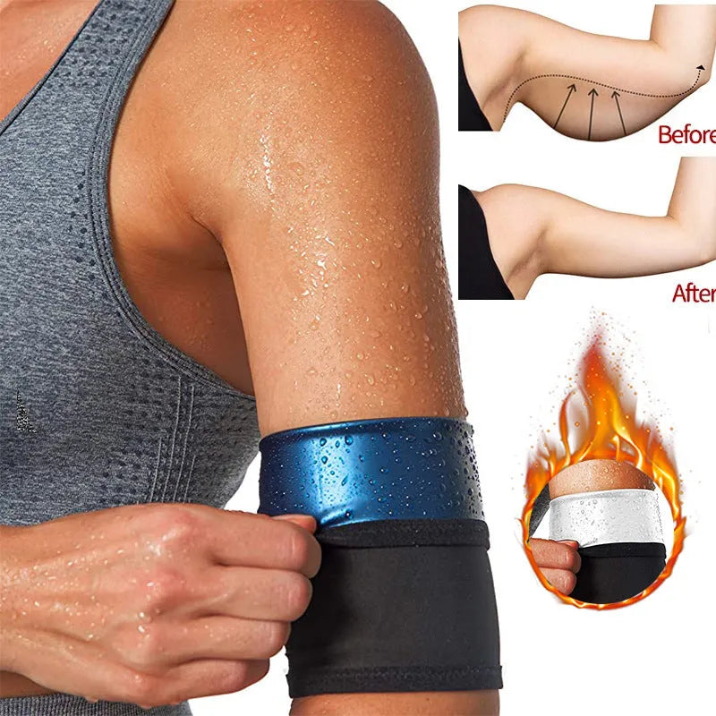Adjustable arm compression sweatband in blue with hook-and-loop closure, worn on forearm.