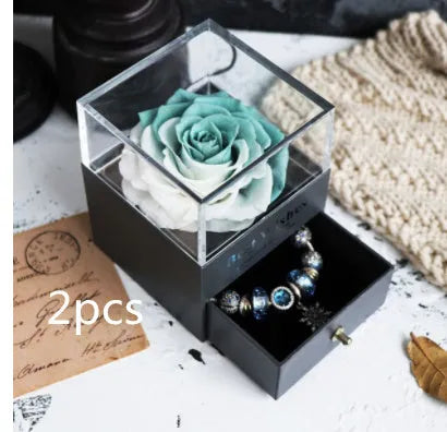 Eternal flower gift box with artificial roses, measuring 8.5cm wide and 10.5cm high
