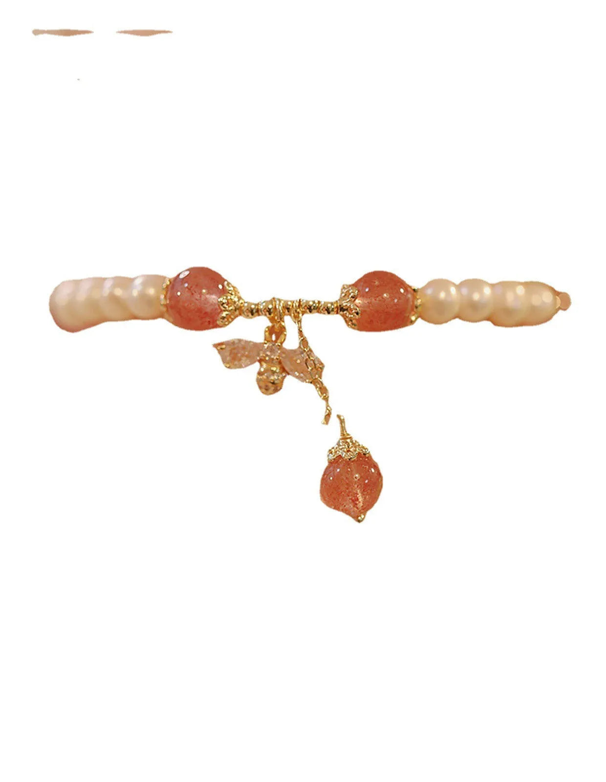 Strawberry quartz crystal bead bracelet for women with a central bow decoration.