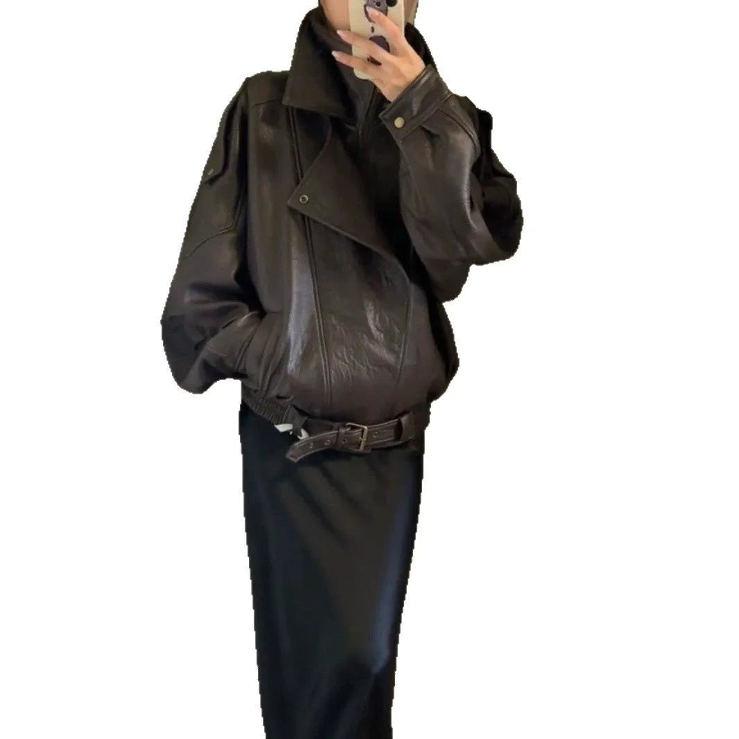 Women's loose fit brown faux leather jacket with front zipper and regular sleeves
