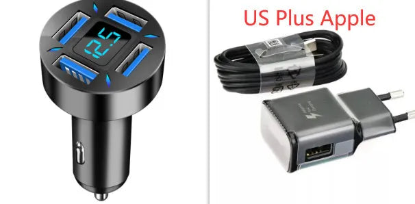 Black four-port USB car charger with LED voltage display plugged into a car socket.