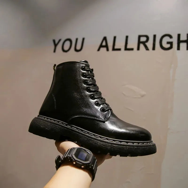 Men's black frosted leather Dr Martens platform boots with a side zip and 8-hole high top design.