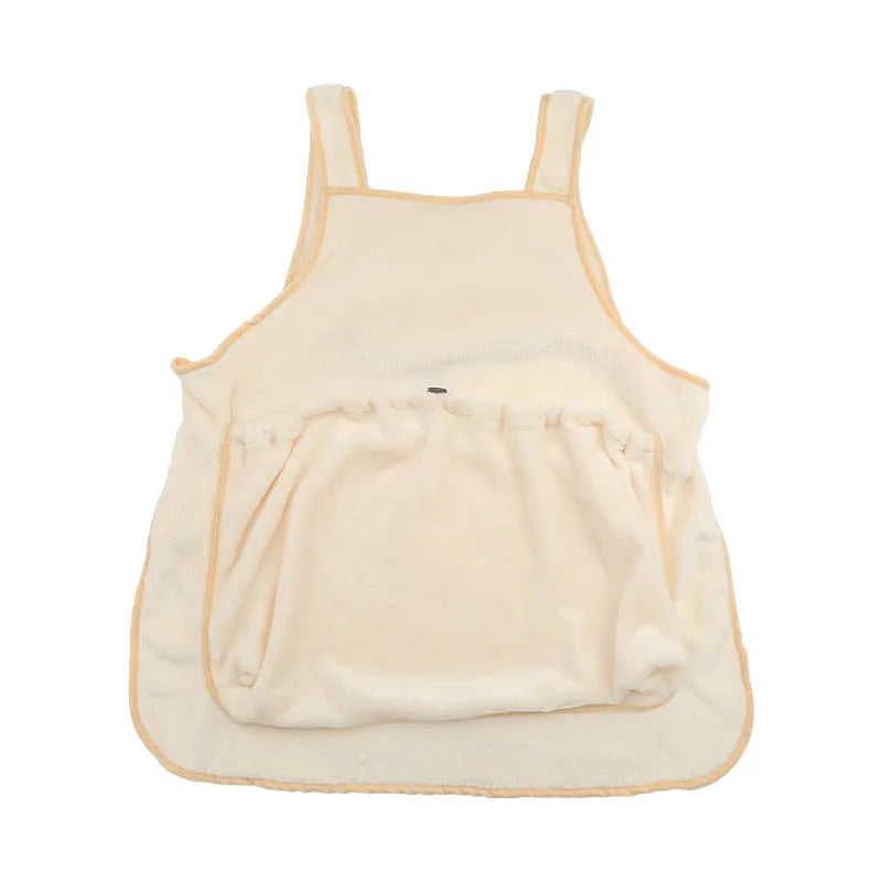 Plush adjustable pet carrier apron bag for small dogs and cats, shown in beige colour.