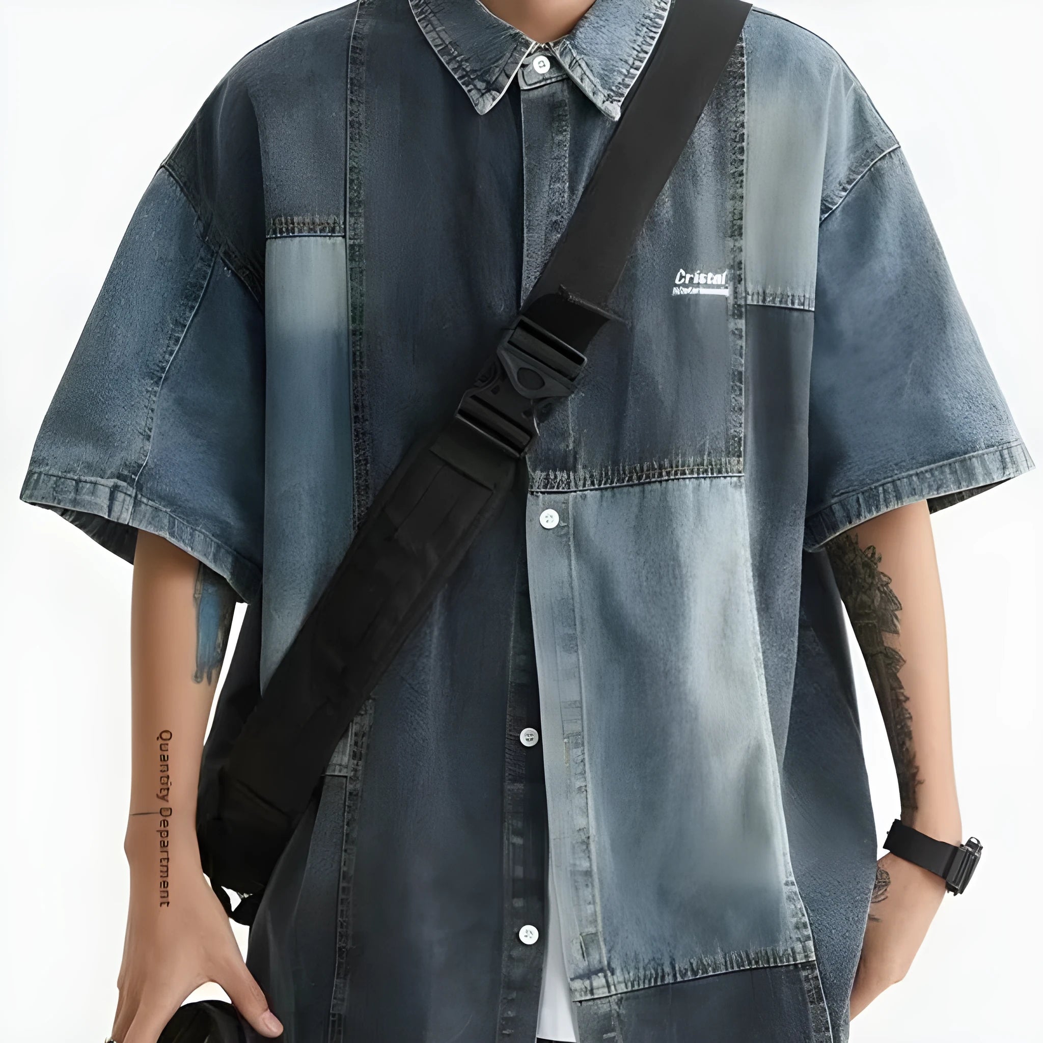 Blue men's Japanese-style retro denim shirt with washed stitching detail and loose cardigan fit