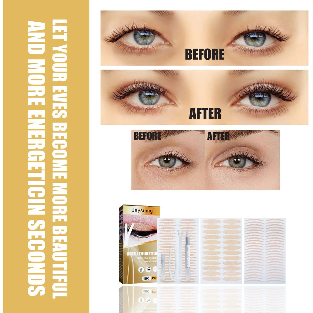 Double eyelid sticker set with 480 invisible pieces, Y clip, small clip, spray bottle and styling cream for natural eyelid crease