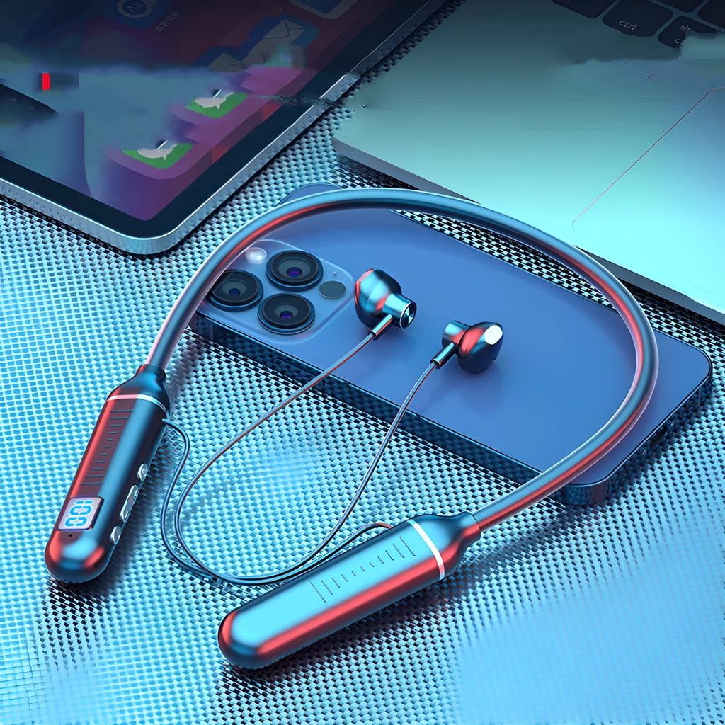 Wireless Bluetooth earphones with silicone bow sports neckband and battery display in black colour choice