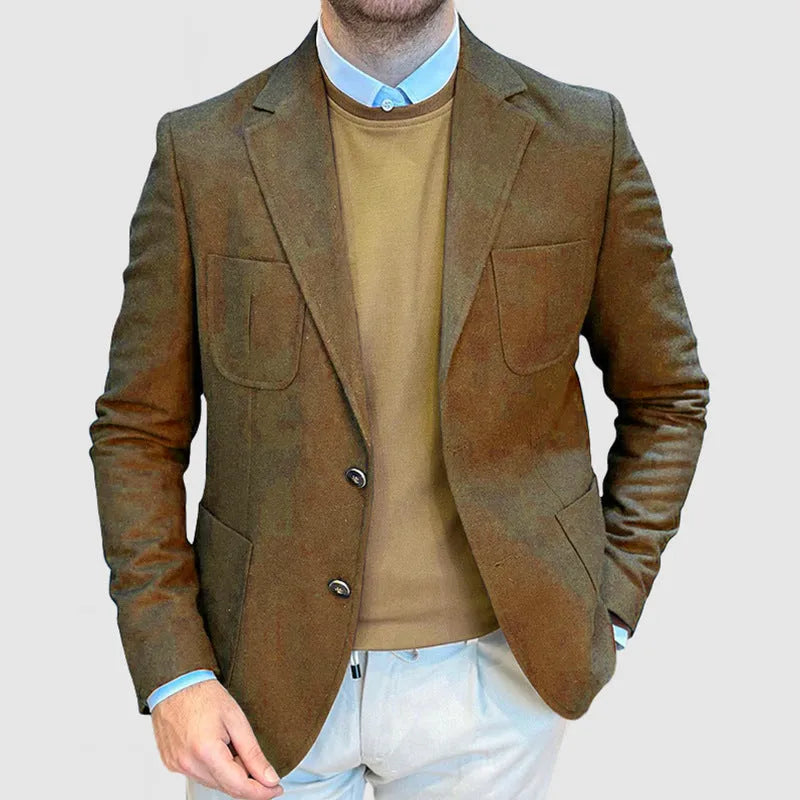 Men's loose fit cotton suit jacket in army green, shown on a hanger.
