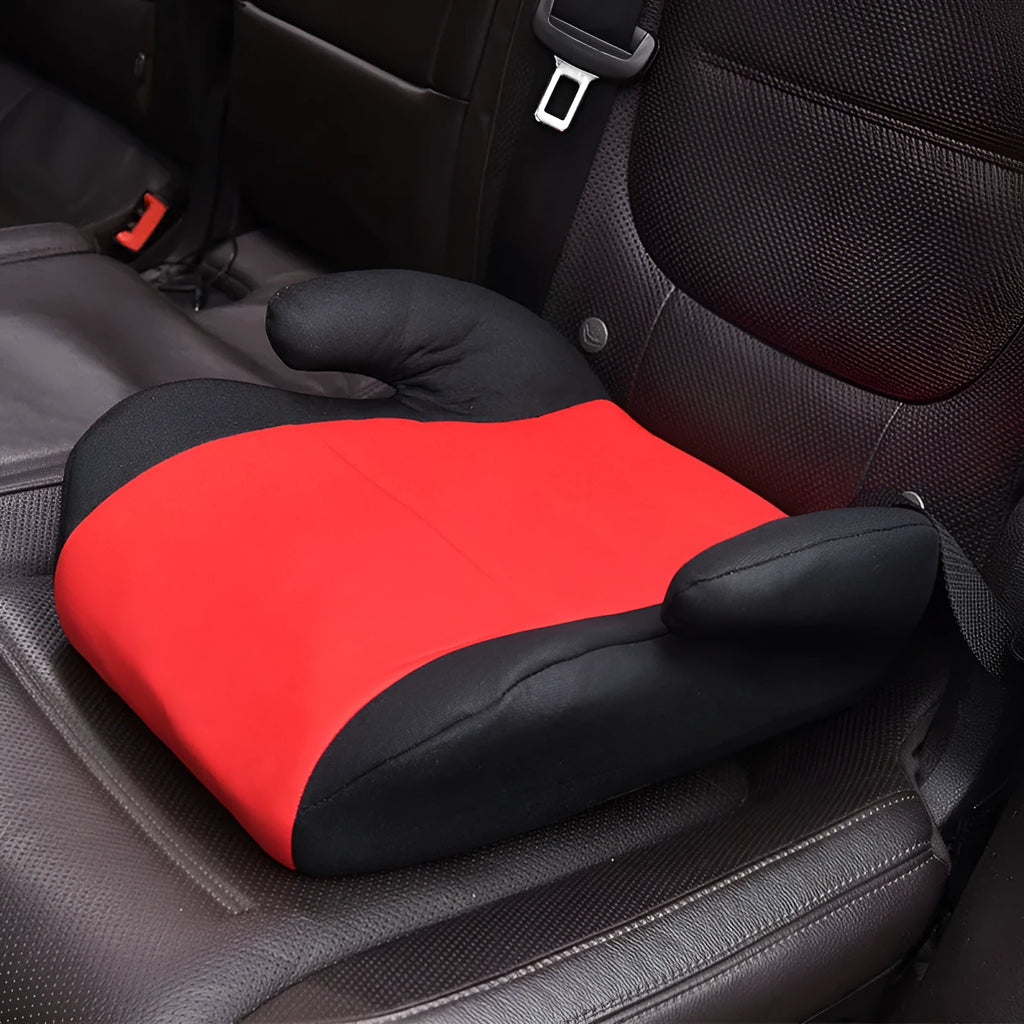 Portable children's car seat in knitted cotton and plastic for ages 3 to 12, shown in one of nine colour options