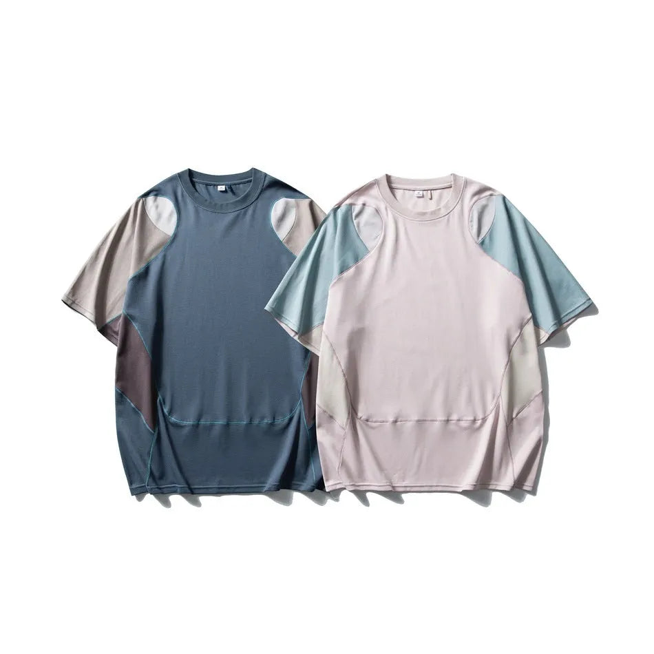 Men's loose blue patchwork contrast short sleeve t-shirt on a hanger