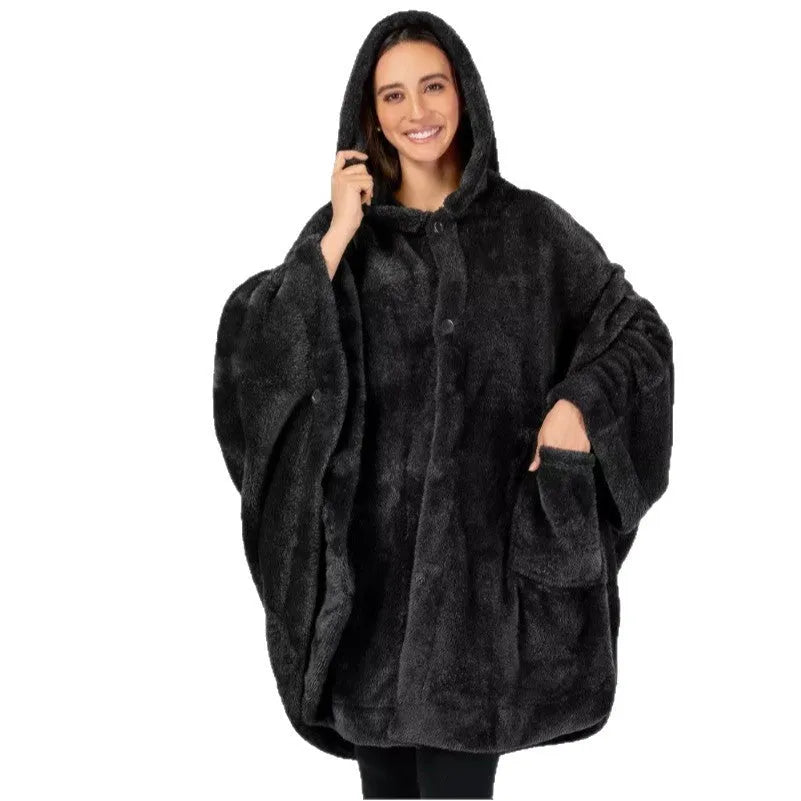 Thickened hooded bathrobe in polyester fabric with cardigan-style closure, shown in available colours