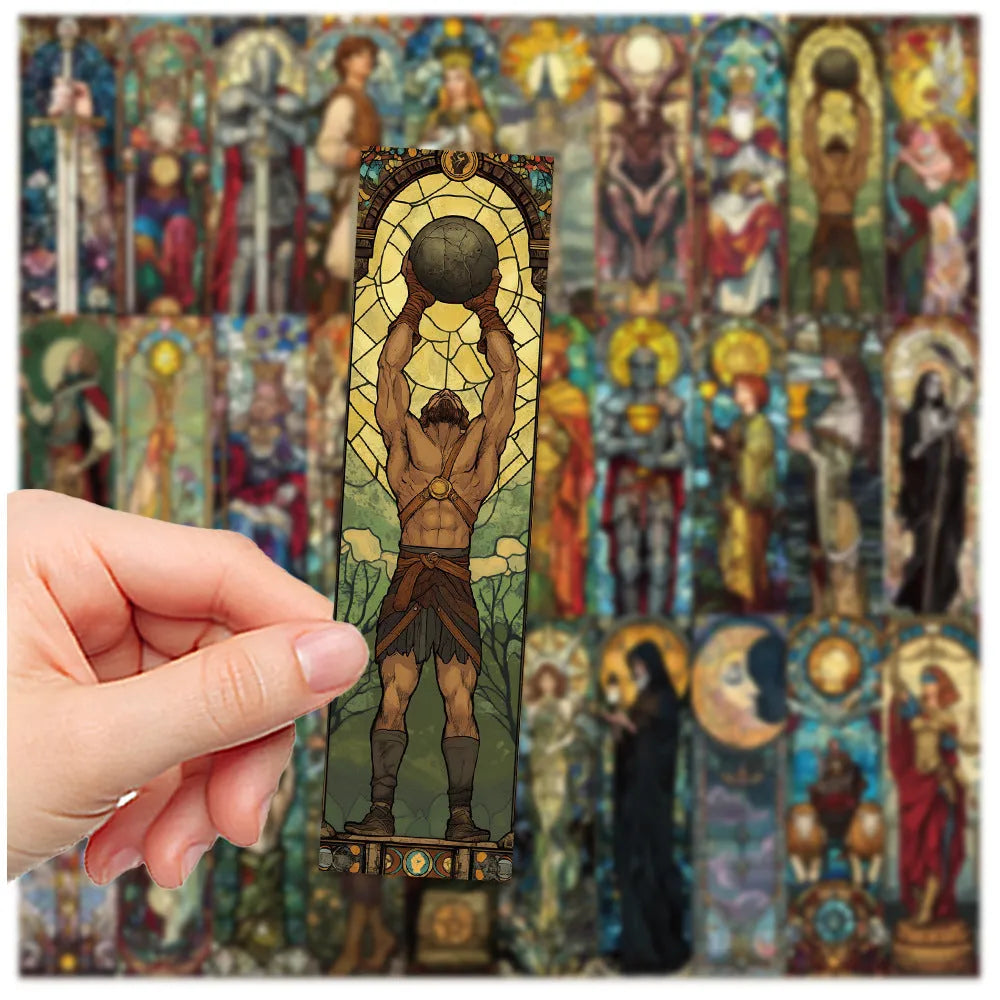 Set of 30 colourful painted glass tarot-themed paper bookmarks in a cute homemade style.