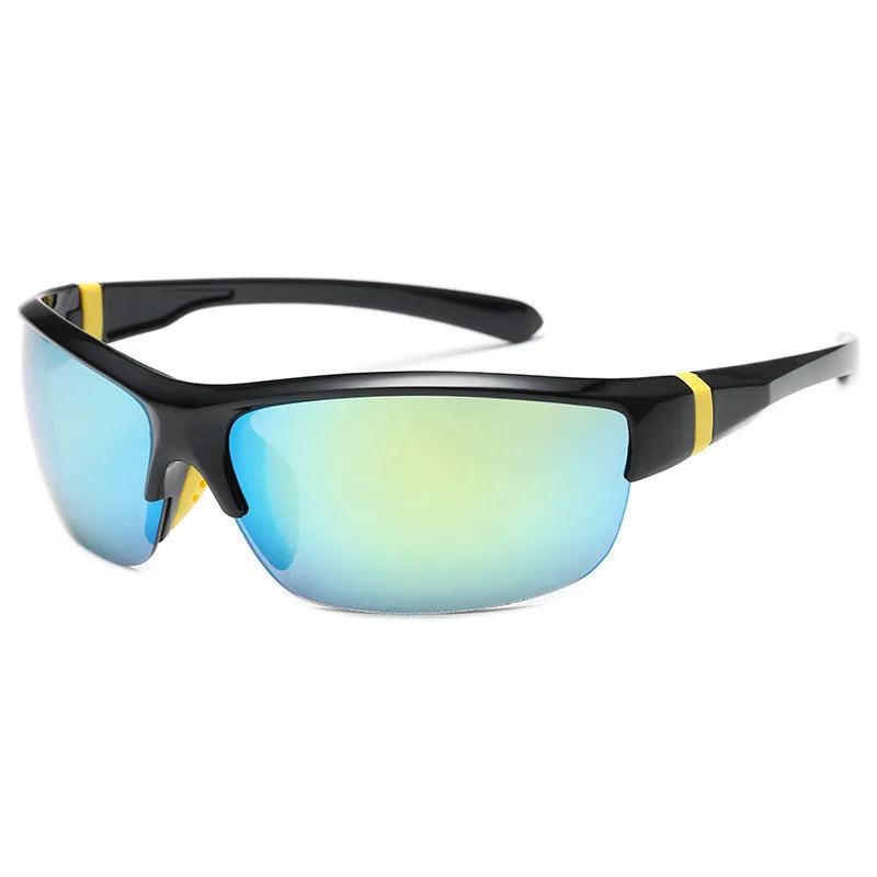 Men's windproof cycling sunglasses with a semi-frameless frame in a Bright Black colour option.
