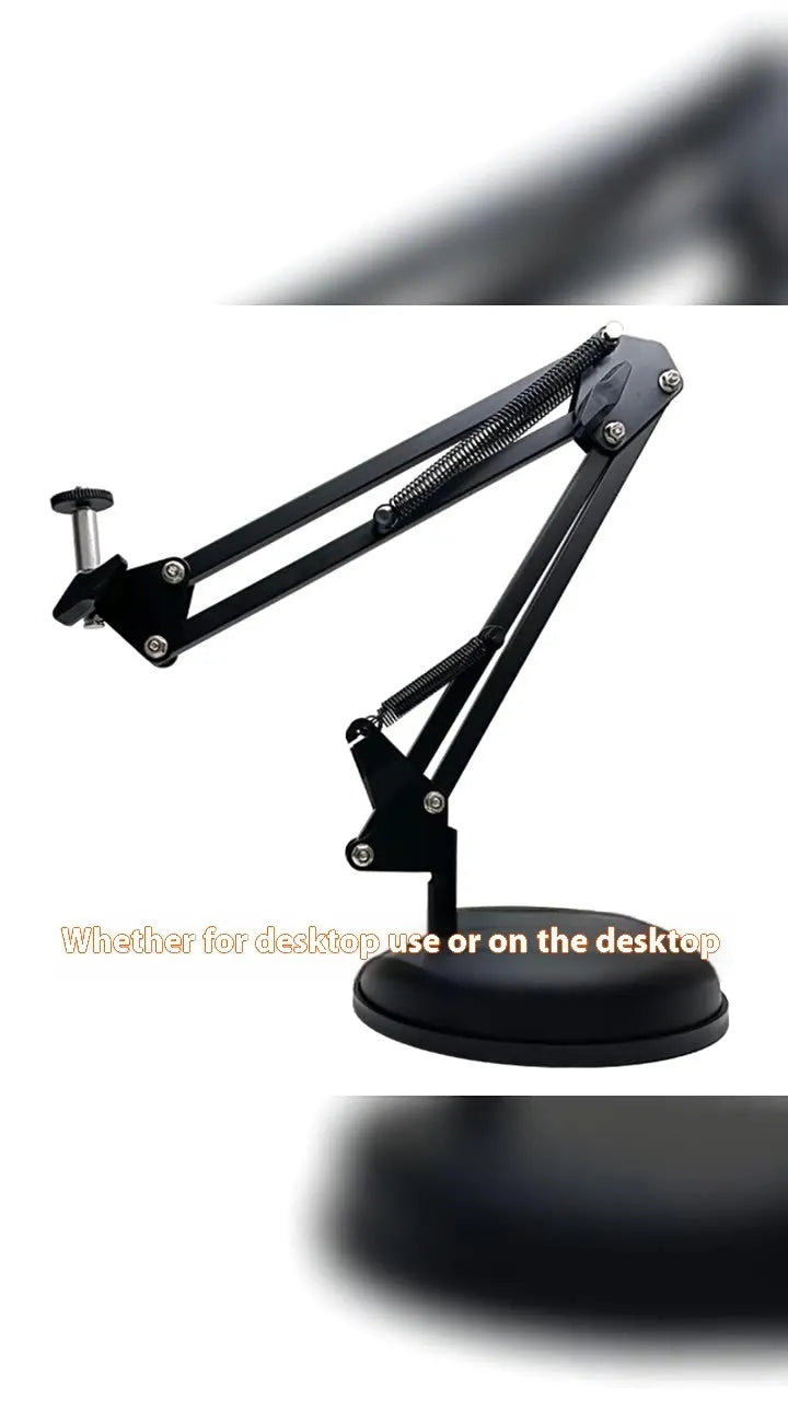 Black desktop tablet cantilever bracket with foldable metal construction and tablet clip