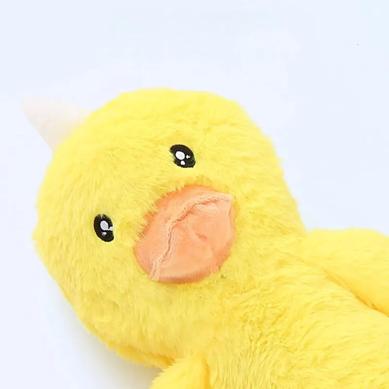 Pink and yellow interactive plush dog toy with rattle sound for large breed chewing and dental care.