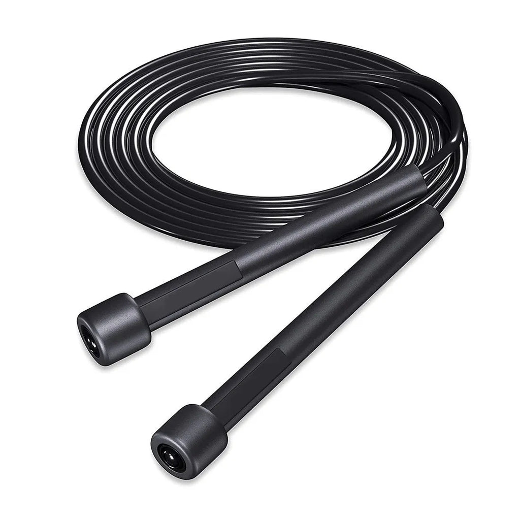 Black PVC skipping rope on floor, 2.8 metres long, for fitness training