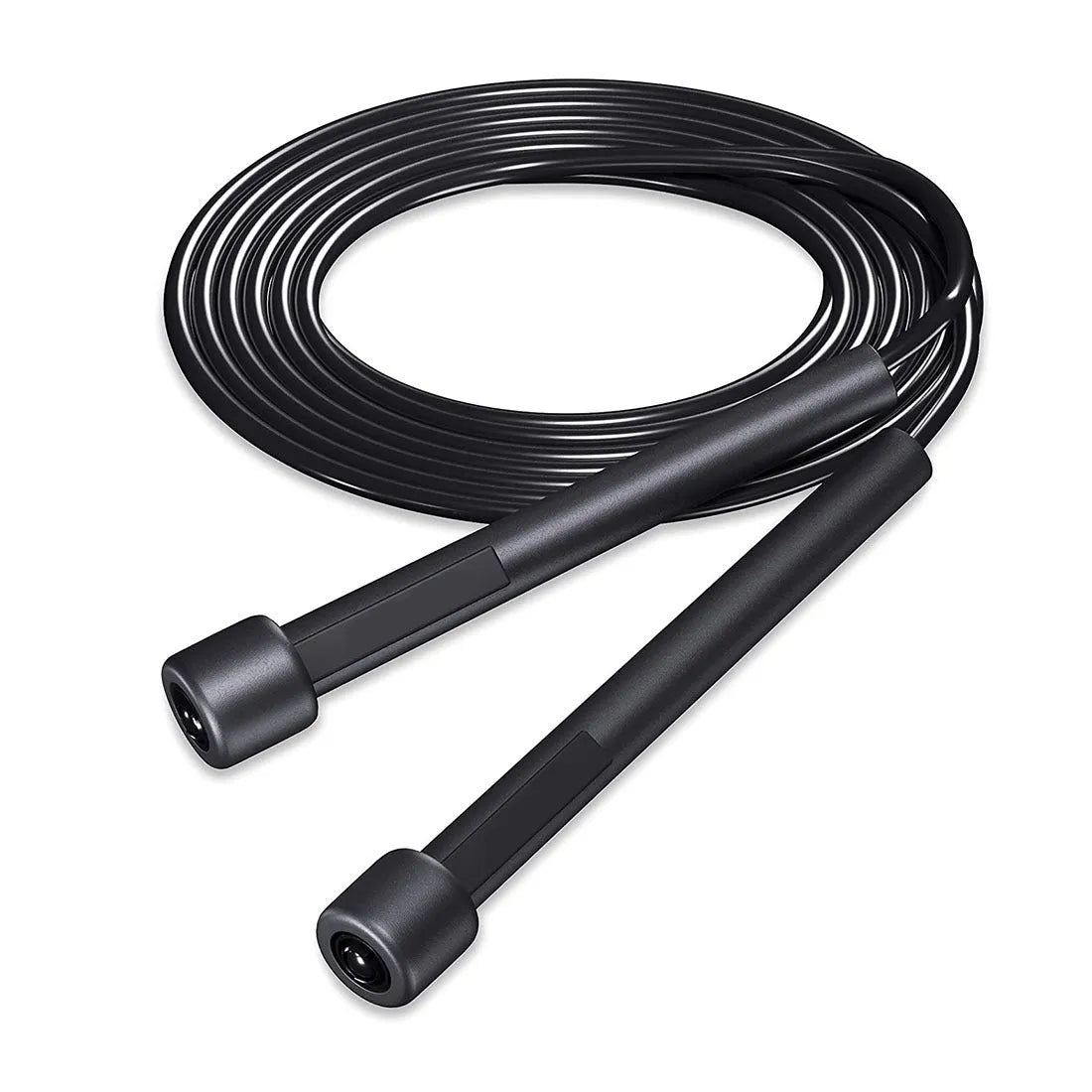Black PVC skipping rope on floor, 2.8 metres long, for fitness training