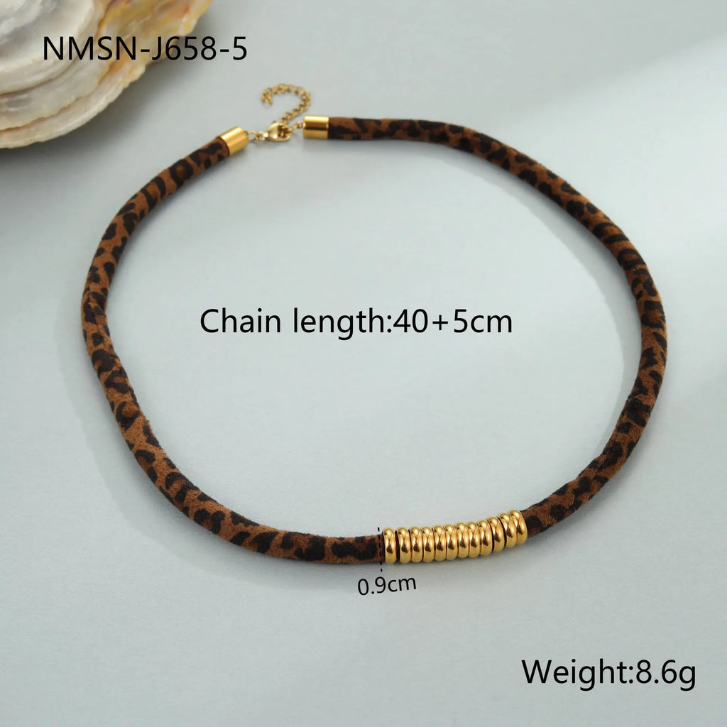 Geometric leopard pendant stainless steel necklace with gold electroplating on adjustable chain