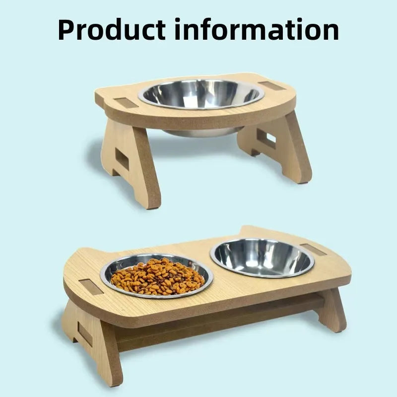 Wooden platform cat feeder holding a stainless steel food bowl and water bowl.