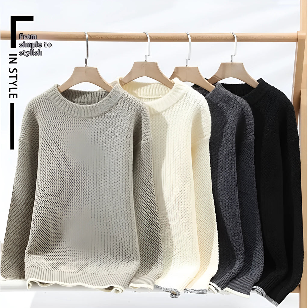 Men's grey loose fit round neck knitwear pullover sweater long sleeves