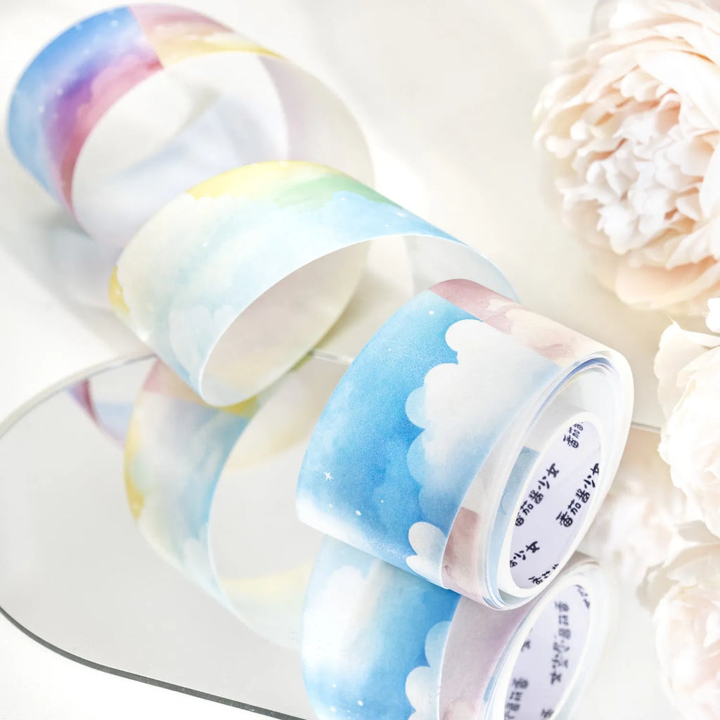 Japanese paper sky theme decorative washi tape roll showing colourful clouds design on 30mm width tape