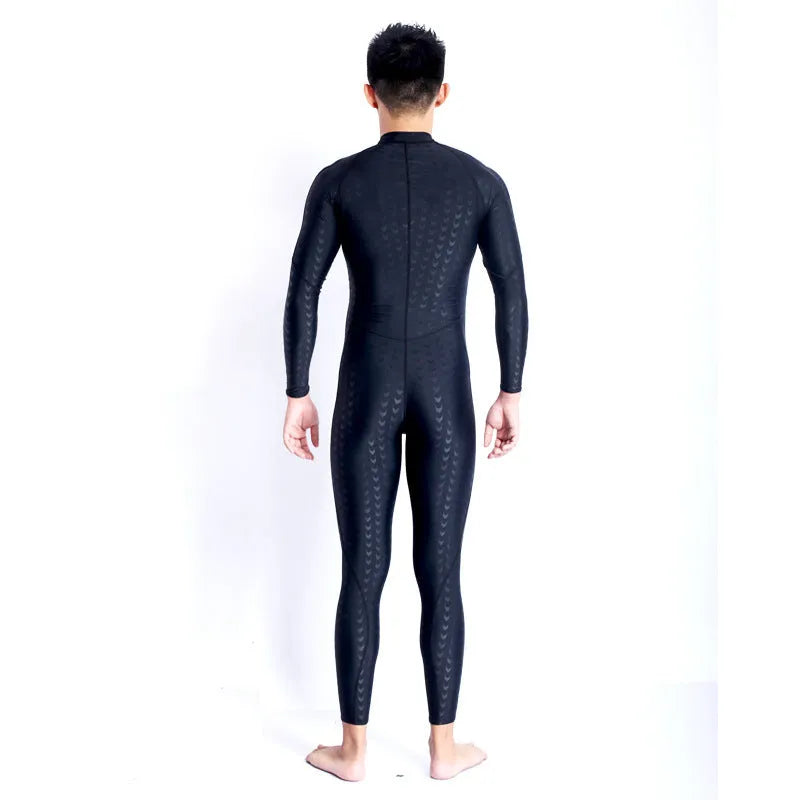 Unisex Pure Black shark skin zipper one-piece quick-dry swimsuit on model