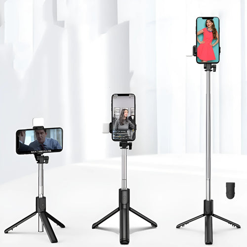 Aluminium alloy Bluetooth selfie stick with tripod base, fill light, and 360-degree rotating phone holder in black colour