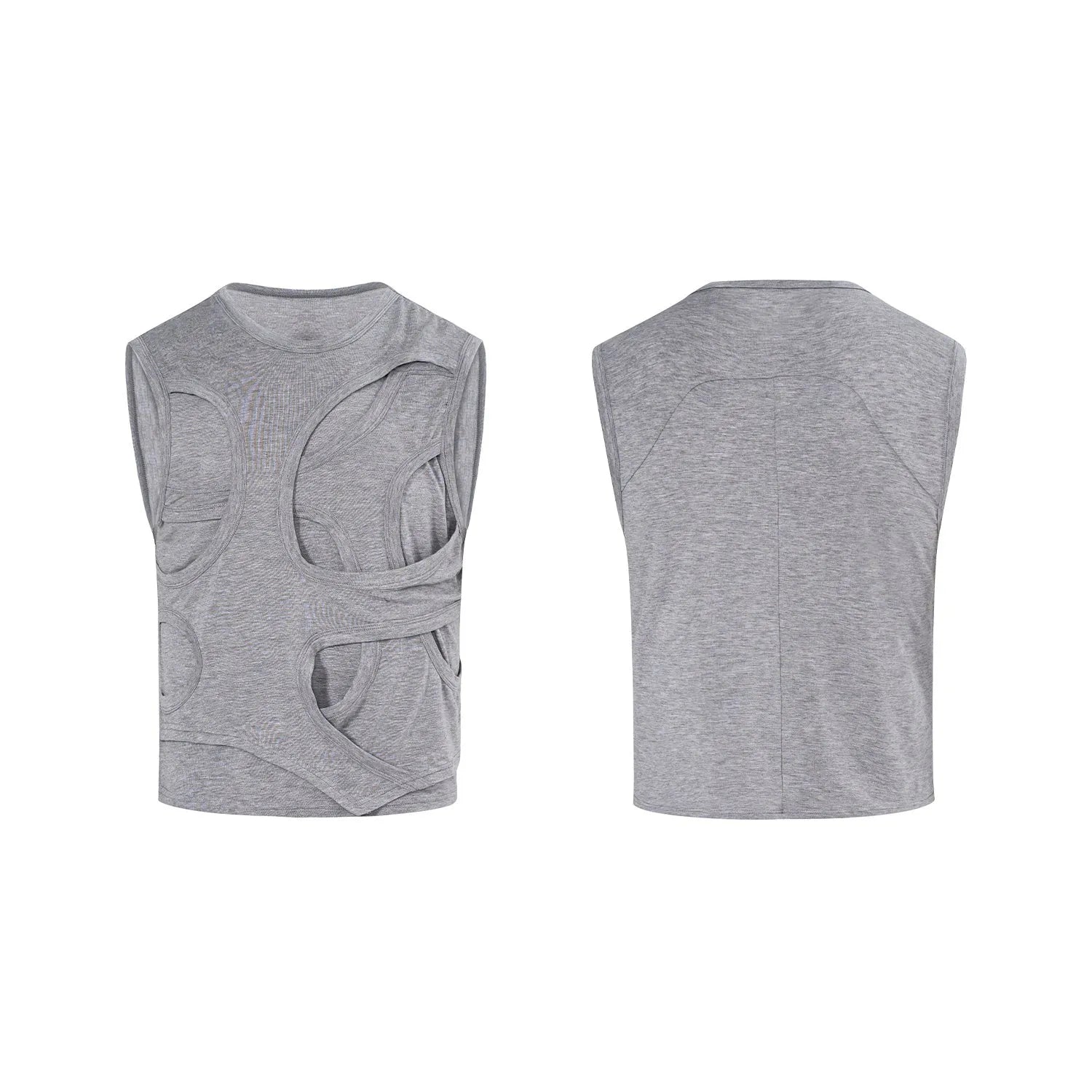 Men's solid grey lyocell vest with round neck collar on a hanger.