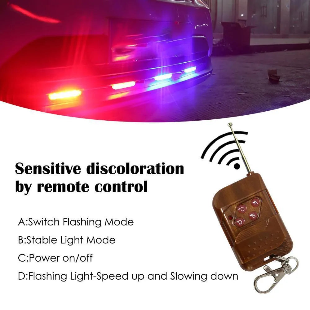 Black car-mounted LED warning light with wireless remote control on a vehicle.