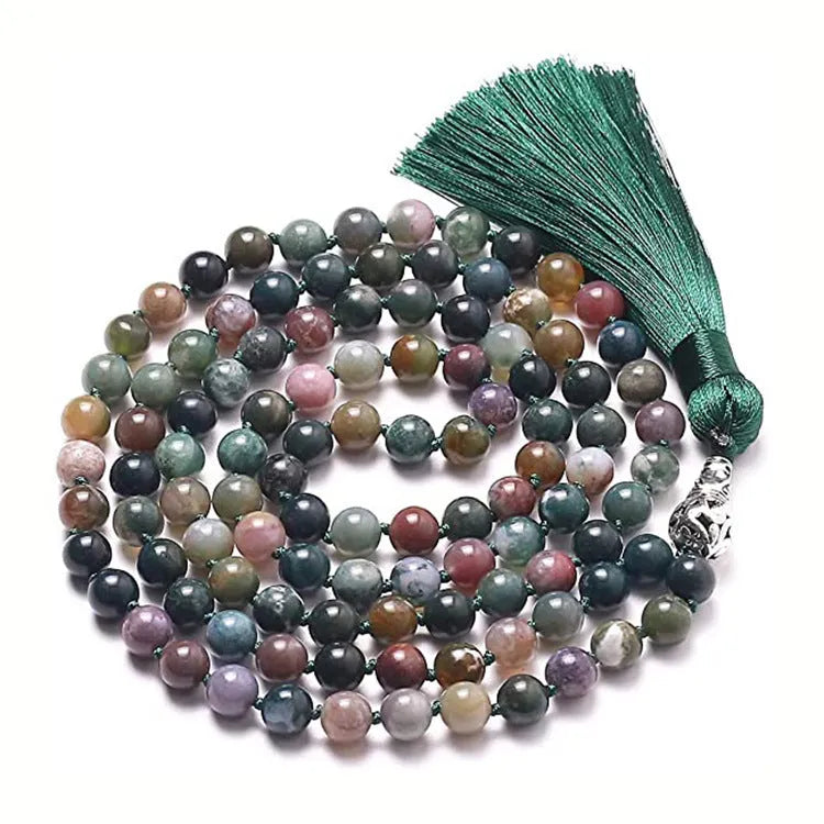 Geometric agate tassel necklace with multi-stone pattern showing Indian agate, turquoise, lapis lazuli, and amethyst beads