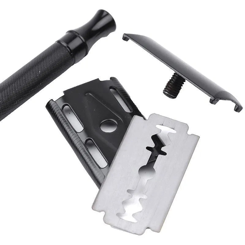 Manual beard shaving tool with metal scraper and brush for traditional wet shaving