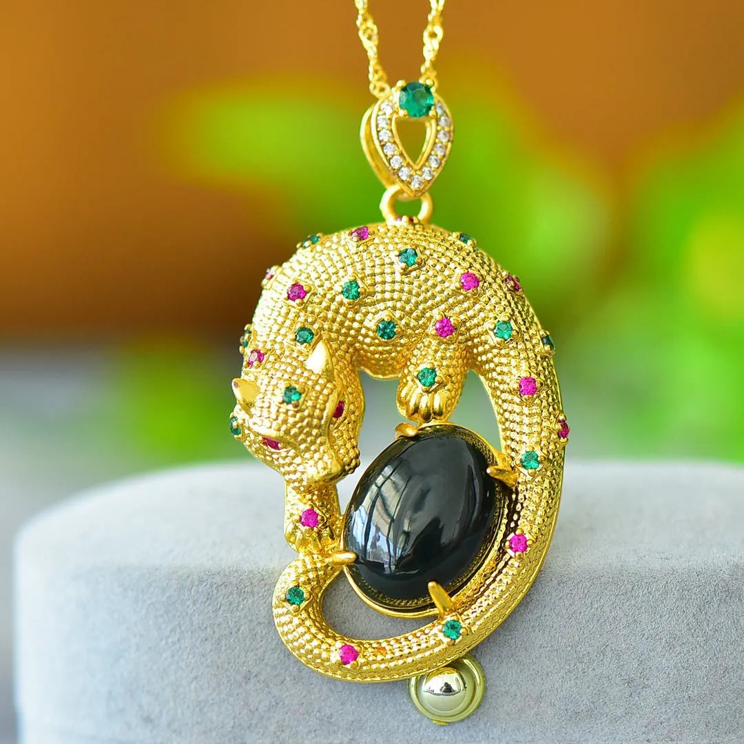 Flat polished Hetian Grey Jade pendant with copper inlay and Ink Blue Jade accents on a necklace.