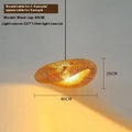 Woven bamboo straw hat-shaped hanging lamp chandelier in natural material showing textured ceiling pendant light fixture