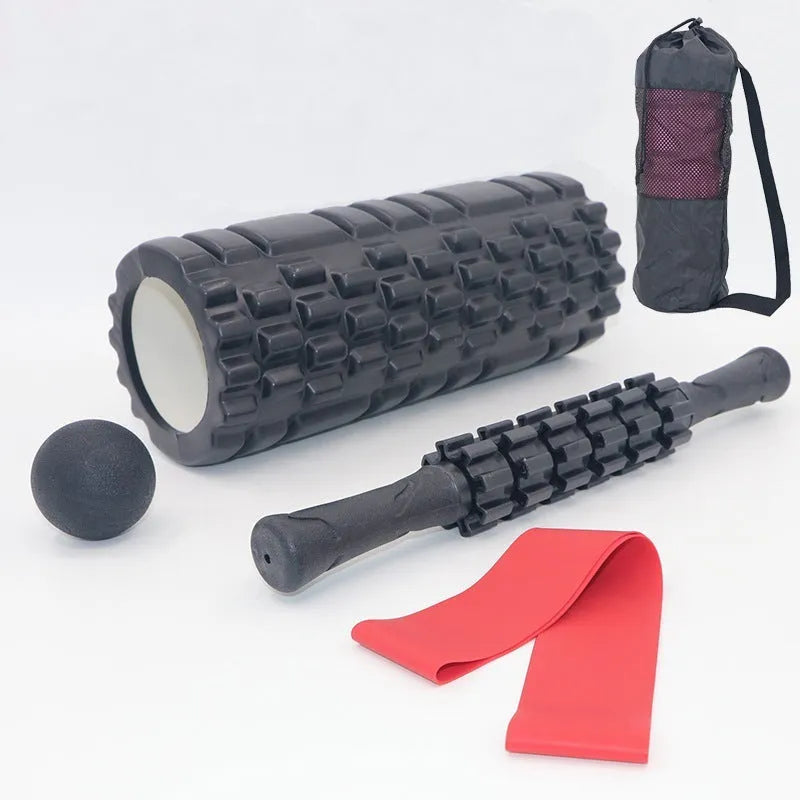 Black six-piece foam roller with gear pattern measuring 33cm long for muscle massage