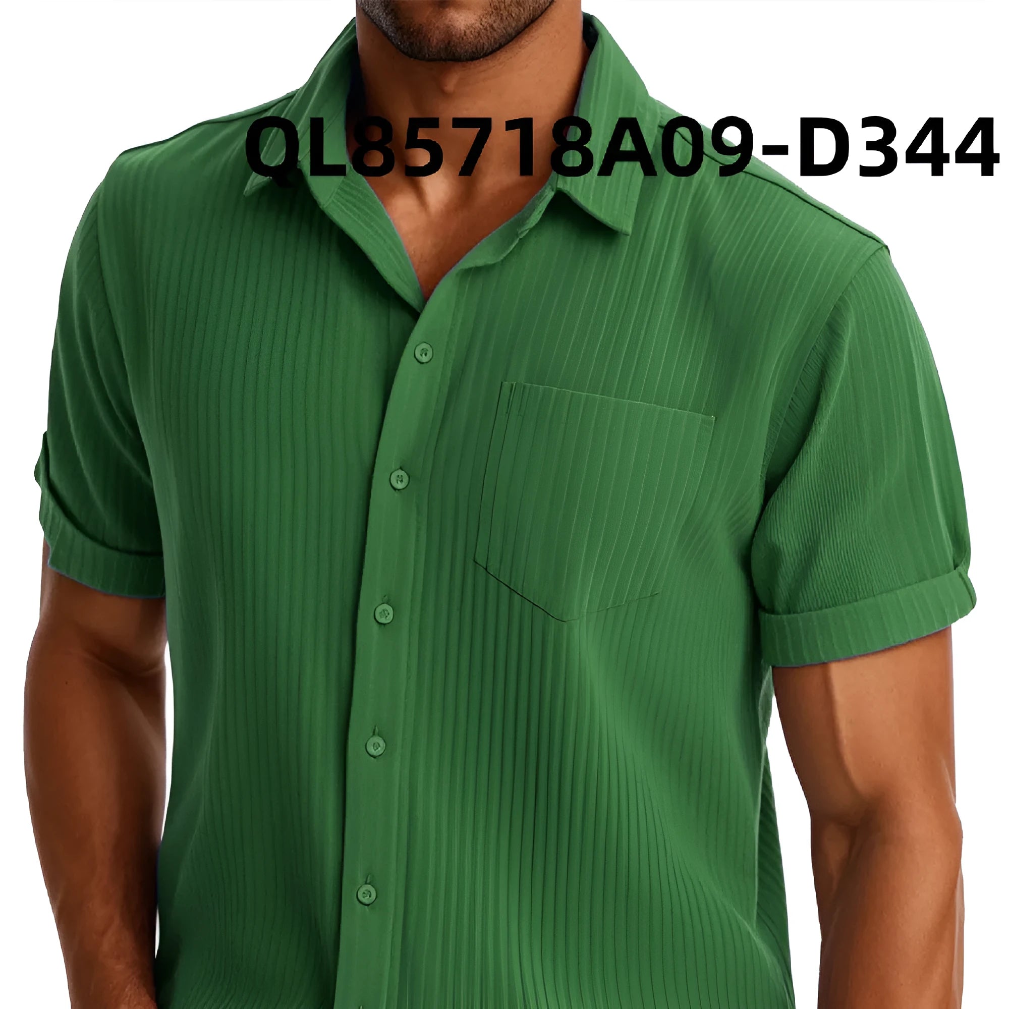 Men's loose fit casual short sleeve shirt with lapel collar and printed line design.