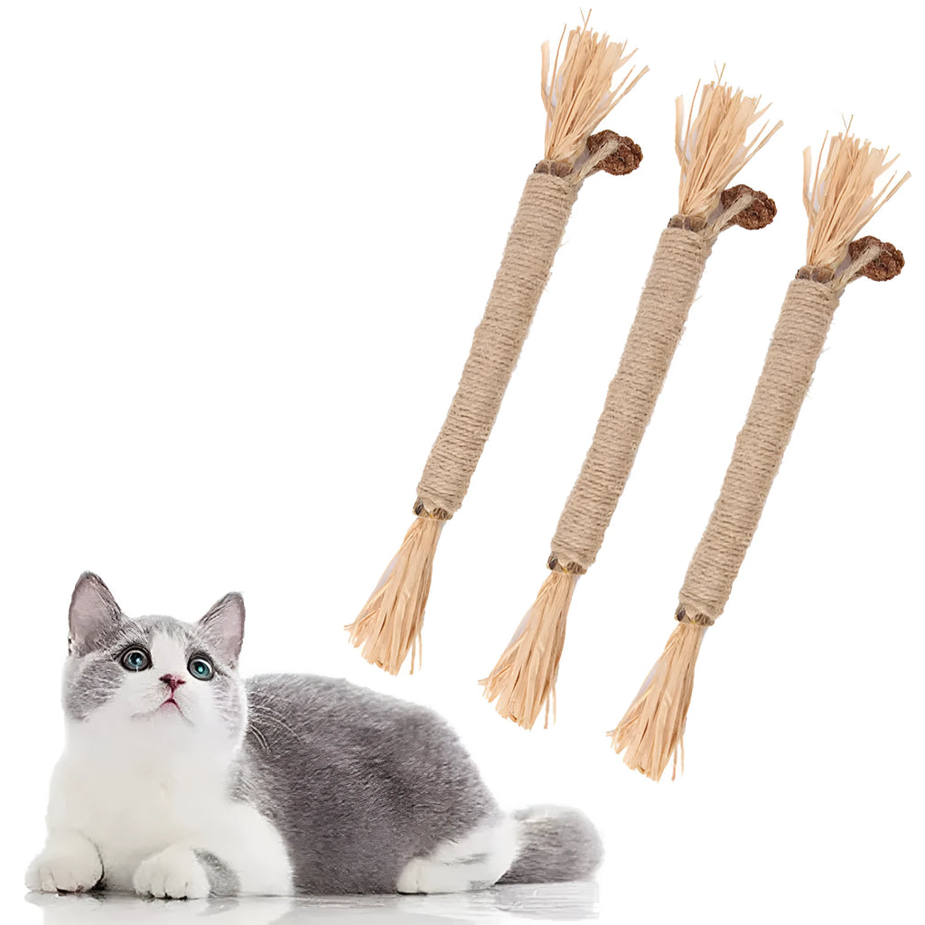 Three natural silvervine chew sticks for cats with sisal rope and raffia dental toy