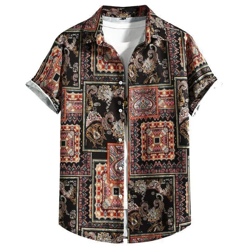 Men's slim fit short sleeve Hawaiian shirt with digital print pattern on stretch polyester fabric.