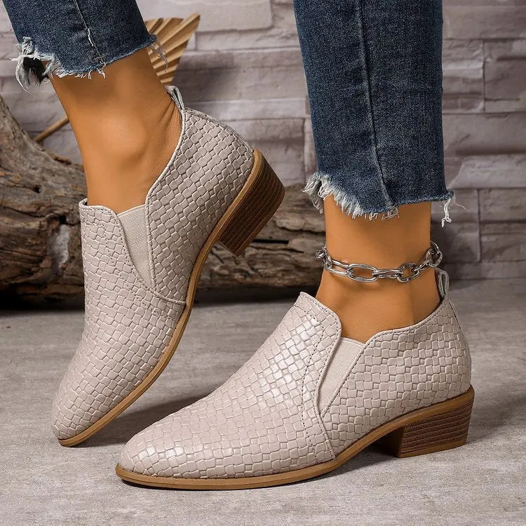 Women's pointed toe high cut pumps in brown with chunky mid heel and PU upper