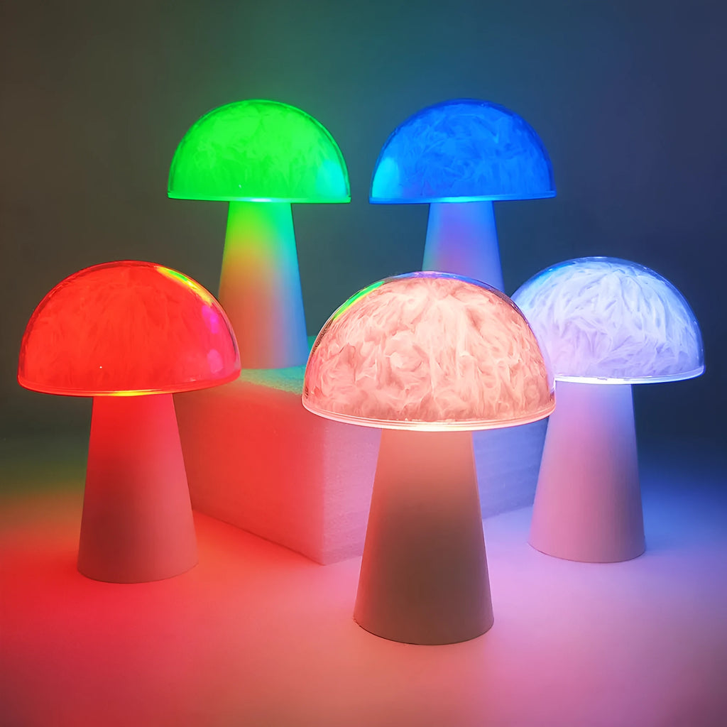 Mushroom-shaped RGB night light with remote control measuring 9cm by 9cm by 13.5cm