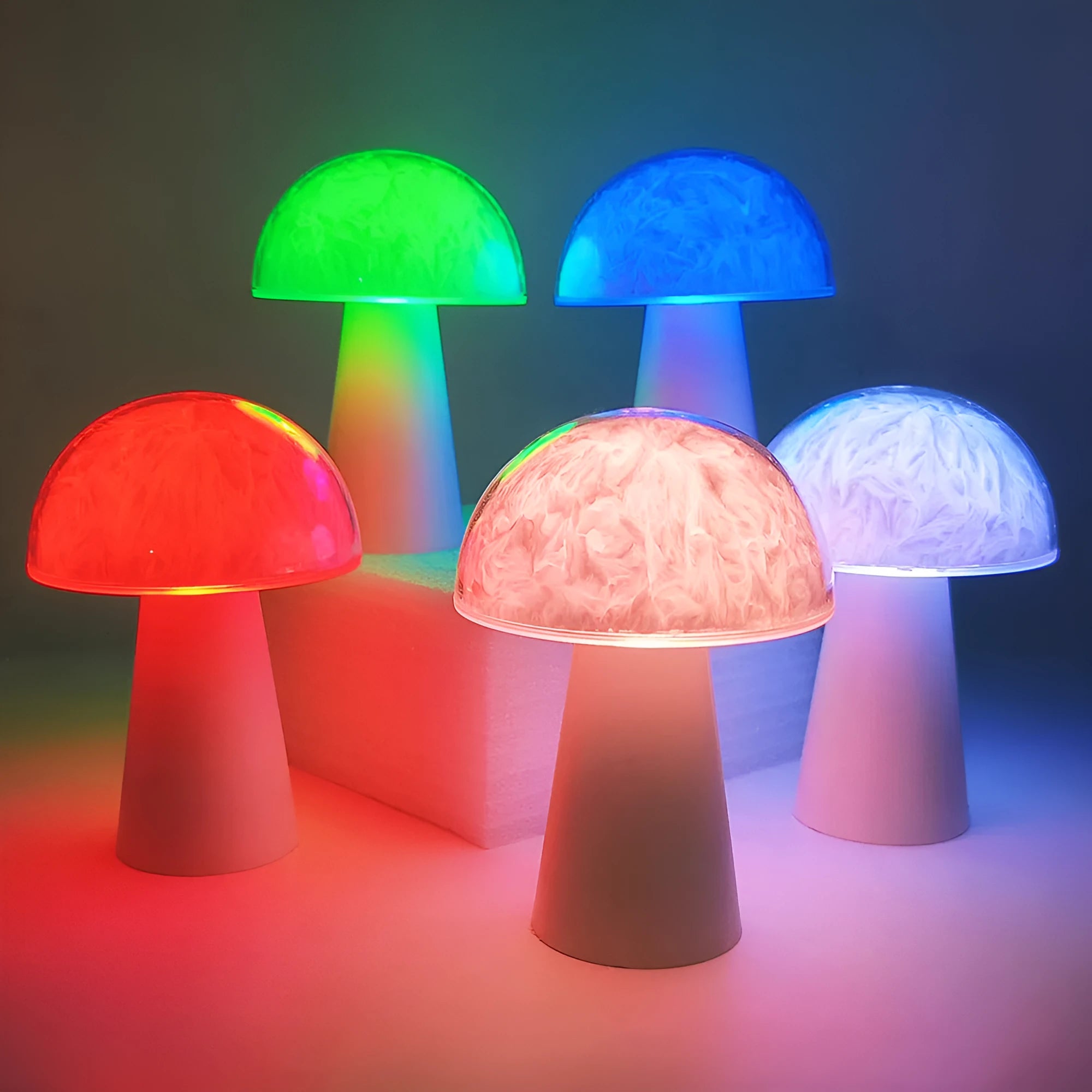 Mushroom-shaped RGB night light with remote control measuring 9cm by 9cm by 13.5cm