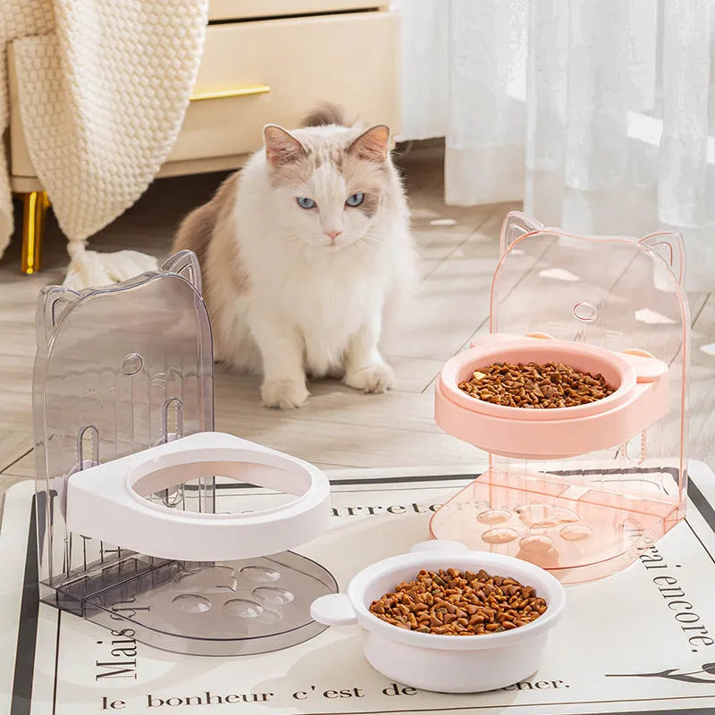 Grey adjustable height cat feeding bowl with anti-spill edges and removable design