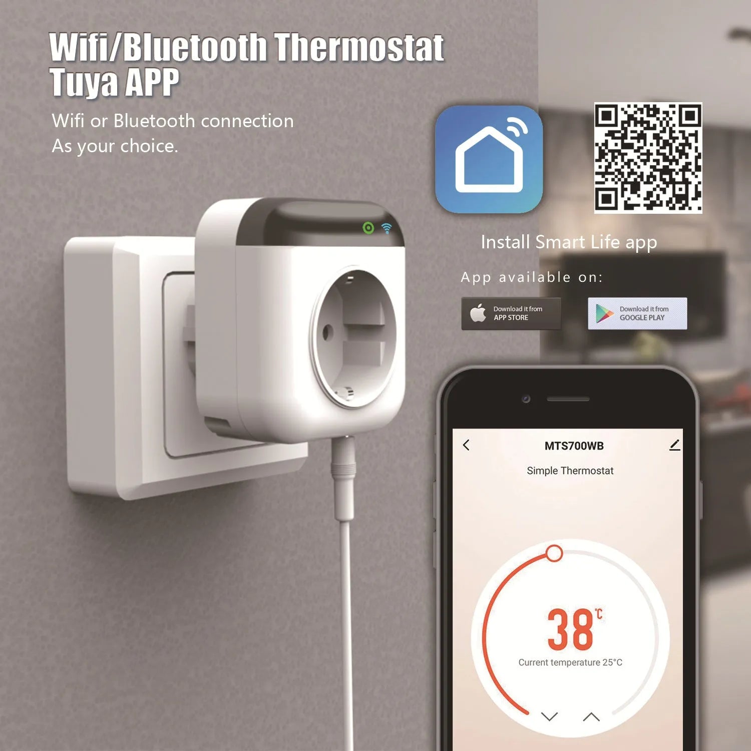 White Tuya WiFi smart socket with temperature sensor and US 3-pin plug