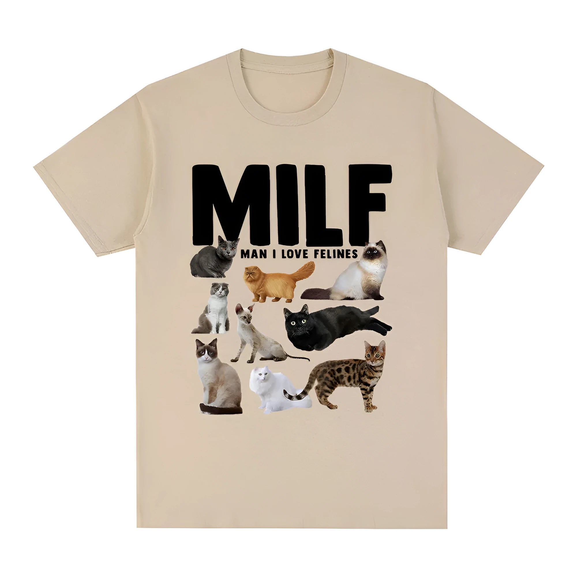 Casual cat lover graphic t-shirt with geometric print in Japanese Korean style, shown in multiple colours.