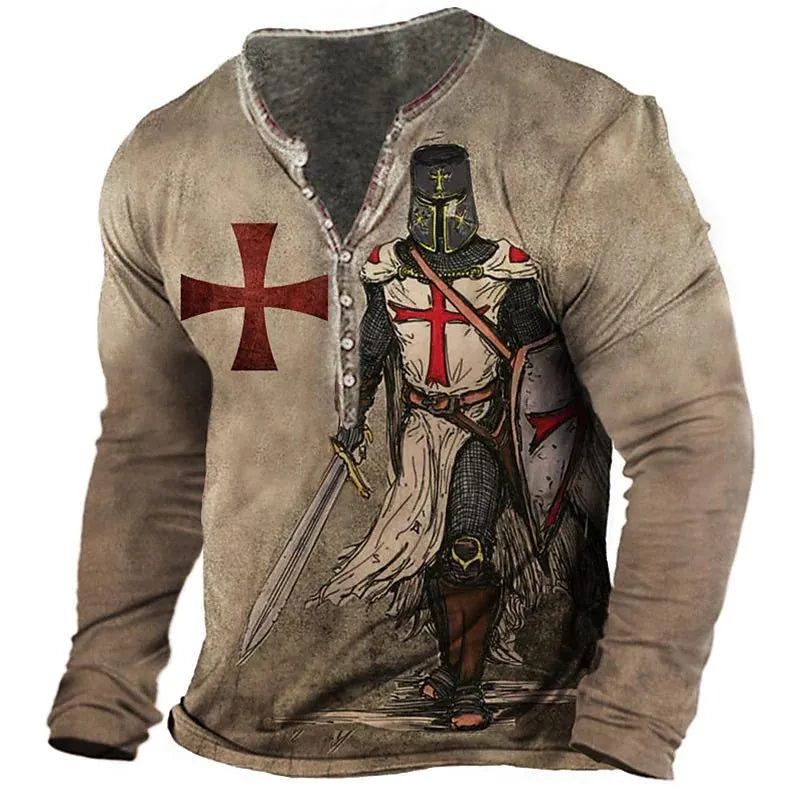 Men's long-sleeved open placket digital print camouflage T-shirt in bird eye cloth polyester fiber