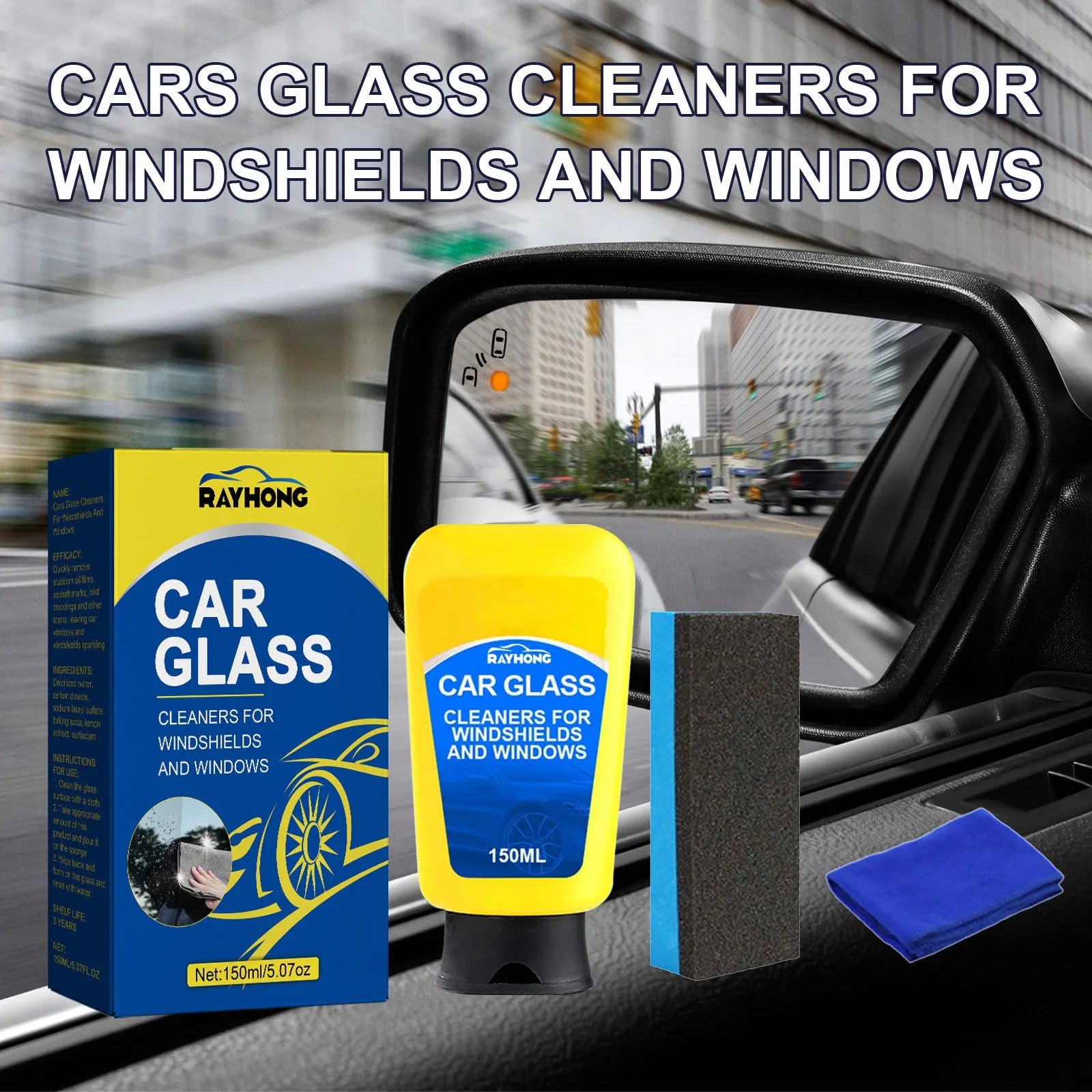 150ml car windshield detergent defogging spray bottle with sponge and microfibre cloth for cleaning automotive glass.