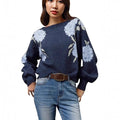 Women's sapphire blue off-neck pullover sweater with woven floral jacquard pattern